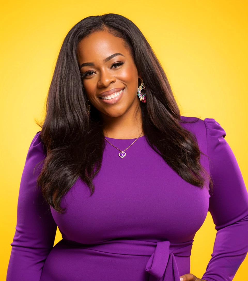 Mikah Miller in a purple dress against a bright yellow background