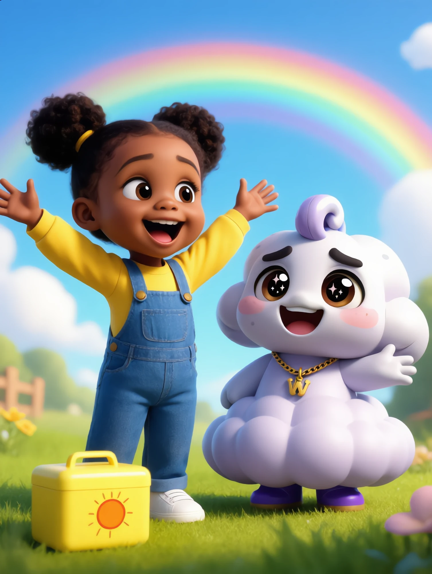 Characters from the Clearing the Worry Cloud world, with a yellow sunshine toolbox